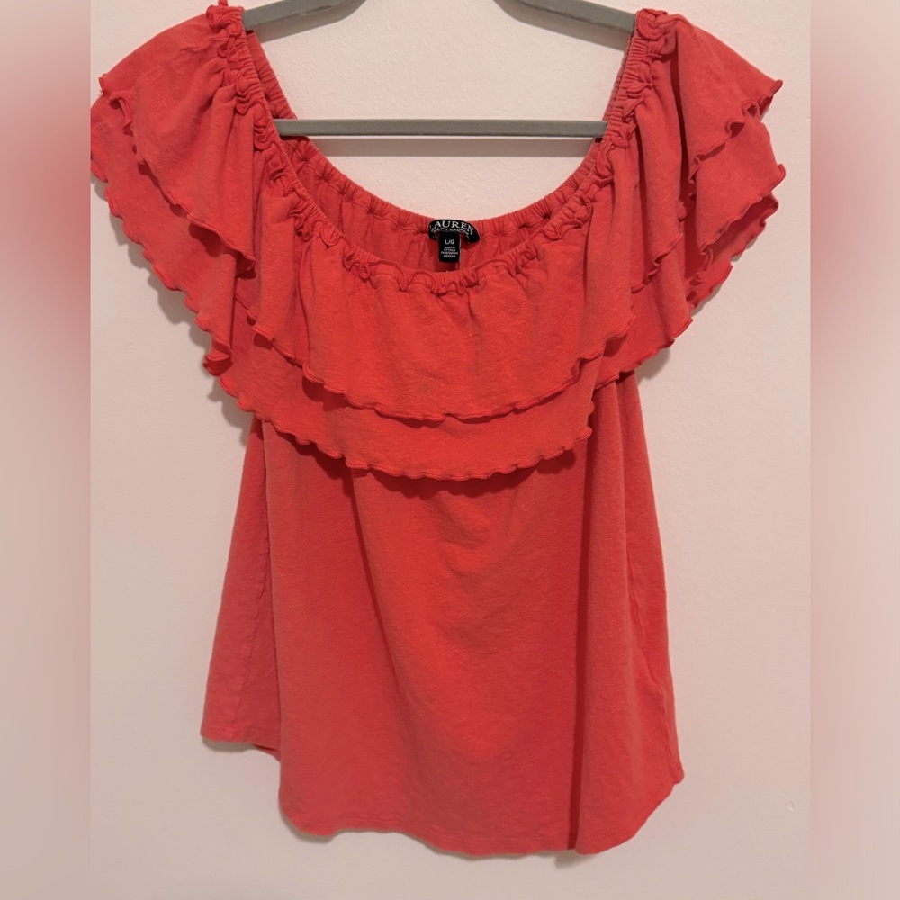 Pink ruffled off the shoulder blouse, size L